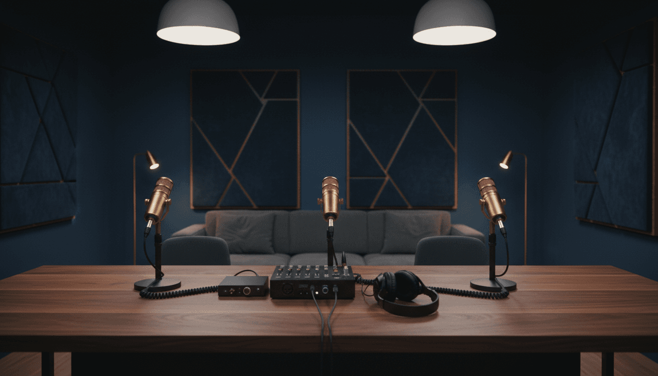 Studio di registrazione professionale per podcast con microfoni su scrivania scura