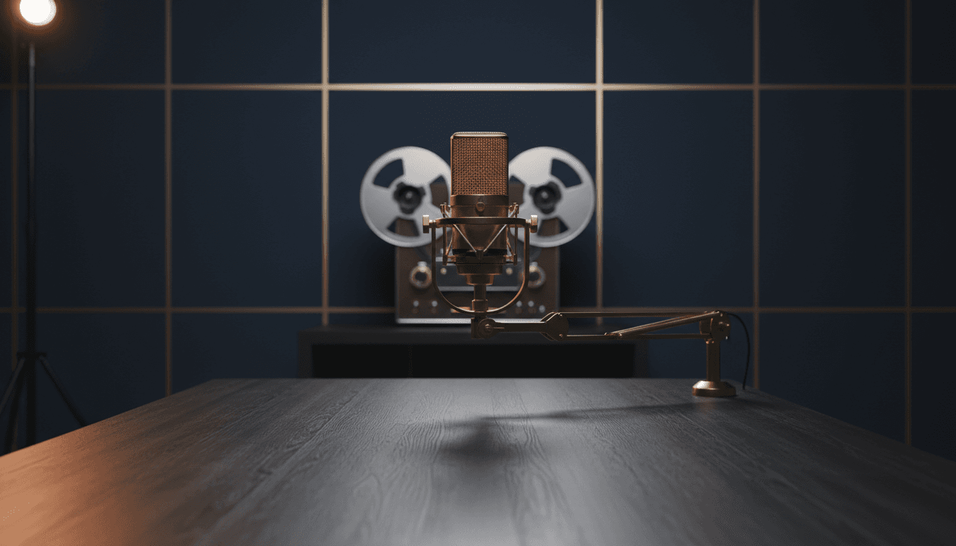 Microfono da studio su tavolo di legno scuro, luce calda e sfondo blu intenso